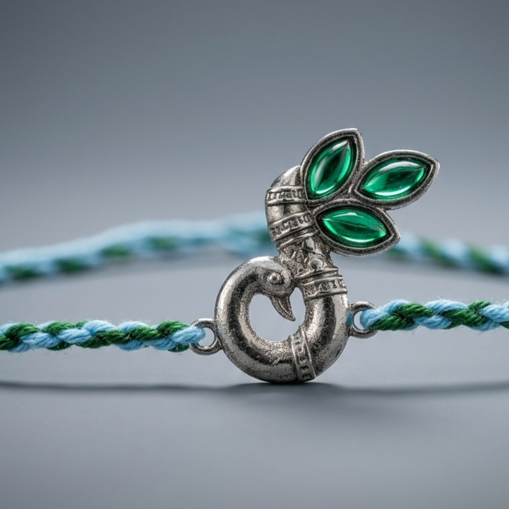 Eternz Certified Jewellery - Dulcett Silver Plated Peacock Thread Rakhi (6 Inches)