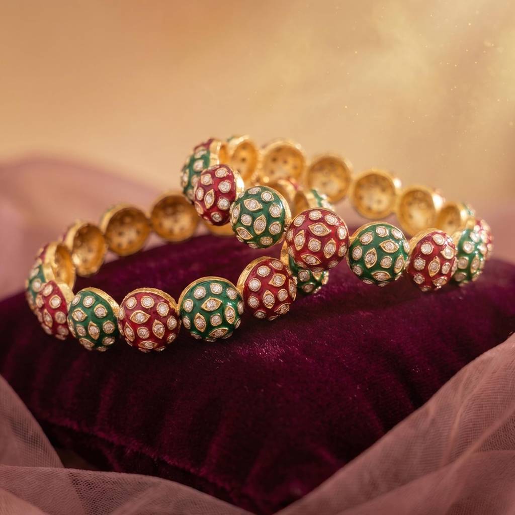 Ethnic Gold Plated Rani Pink Green Crystals Studded Bangles For Women : PF108B02RG-S2-4