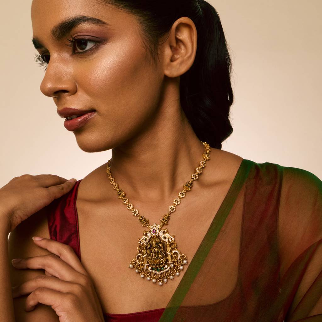 Ruby-Green Oxidised Gold - Plated Bridesmaid Temple Necklace - 454393 : 454393