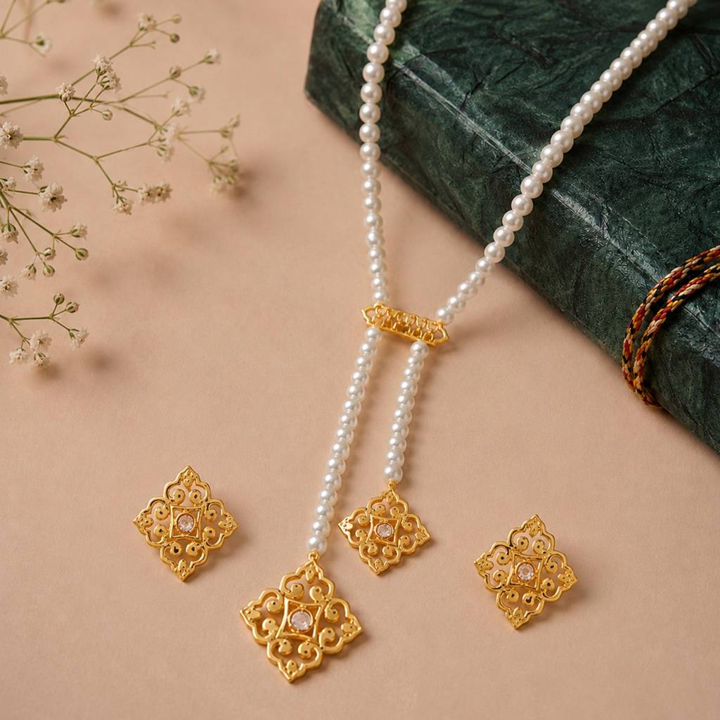 Noor Gold Plated American Diamond Tassel Short Necklace Set With Stud Earrings : 8905124587791