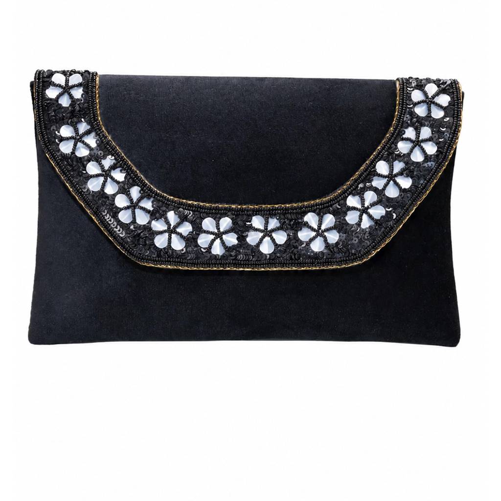 Velvet Sequin Beaded Clutch Bag For Women | Chain Strap | Embellished Wedding Festive Evening Purse : C190BL