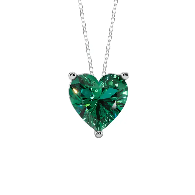 Green Heart Solitaire Semi Silver Pendant Necklace : HERT-GRN-10-SM-W