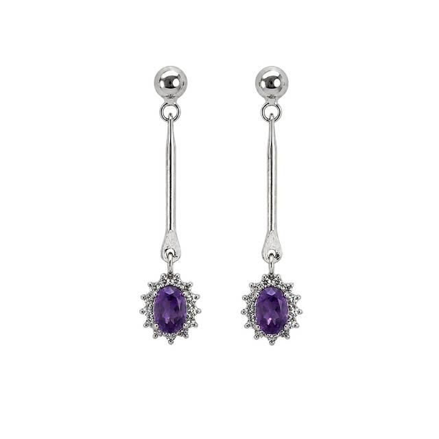 925 Sterling Silver Amethyst Gemstone Long Drop Earrings With Floral Design : FU-1386