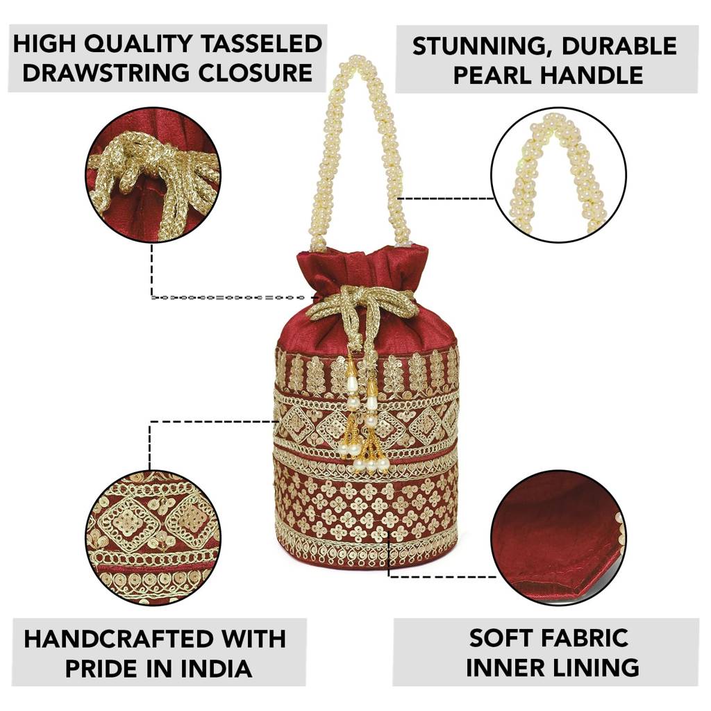Zari Leaf Embellished Potli Bag For Women Fancy Ethnic Wristlet Purse Bag For Girls : P198M-F