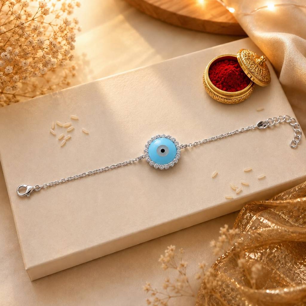 Eternz Certified Jewellery - Twenty One Jewels Pure 925 Silver Evil Eye Rakhi Cum Bracelet For Brother (Free Size With Extension Links )