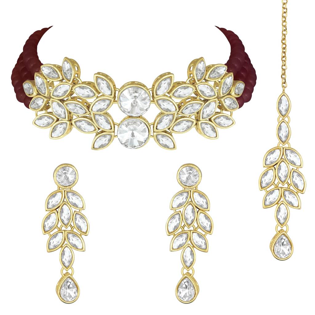 Gold Plated Bridal Crystal Pearl Choker Necklace With Drop Earrings Traditional Jewellery Set For Women : PF24N10204M