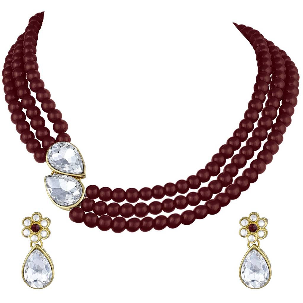 Pearl Mala Necklace With Earrings For Women Girls Traditional Stylish Ethnic Jewellery Set (Maroon-White) : PF26N1145MW