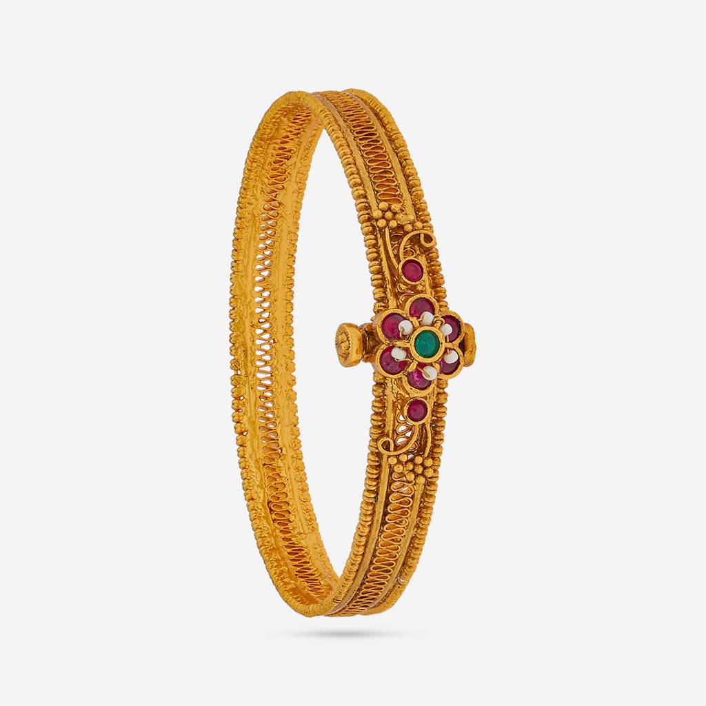 Ruby-Green Gold - Plated Festive Antique Kada - 436024 : 436024