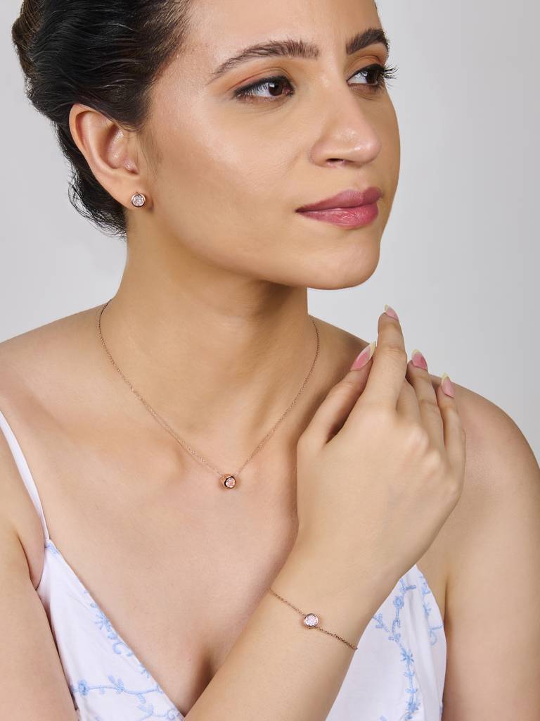 Set Of 3 Rose Gold-Plated Single Zircon Pendant, Bracelet, Earrings Jewelry Set : AYW0122BPE022C