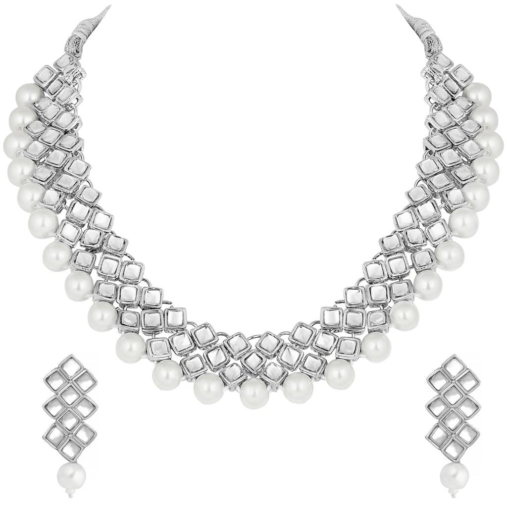 Silver Plated Indian Ethnic Kundan Pearl Fancy Bridal Traditional Choker Necklace Jewellery Set With Earrings Fo : PF25N1018RW