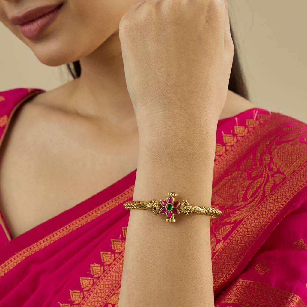 Ruby-Green Gold - Plated Festive Antique Kada - 442533 : 442533