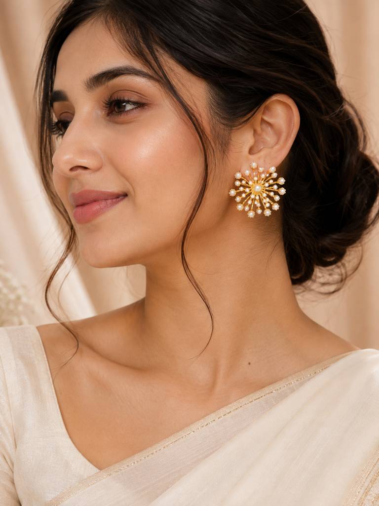 Pearl Starburst Gold Earrings : AN-LJ-GO-0055-DE