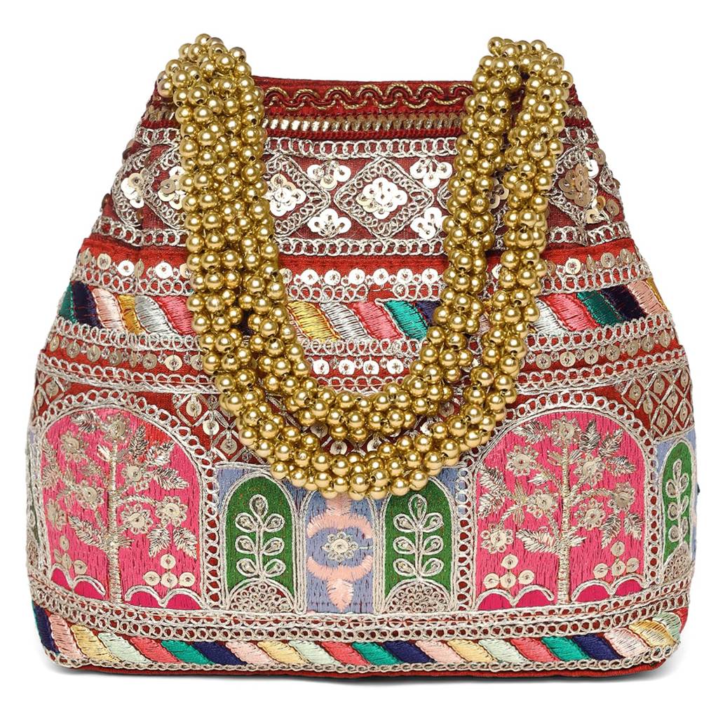 Embroidery Potli Bag For Women Handmade Wristlet Handbag Stylish Purse Ethnic Fashion Bag For Girls : P212M-L