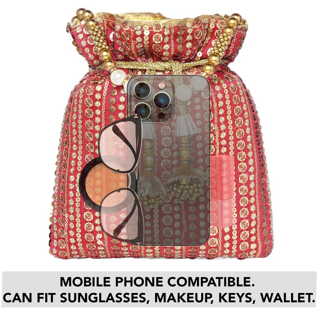 Potli Purse For Women Handmade Evening Handbag Stylish Bridal Fashion Wristlet Bag For Girls (P163G) : P163R