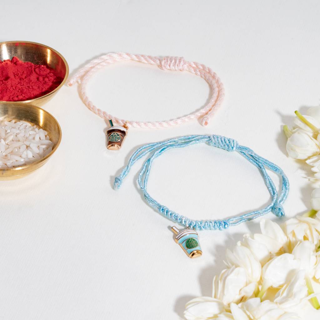 Enamel Coffee Blue And Coffee Pink Rakhi Bandhan Lumba Rakhi For Bhaiya And Bhabhi : BS14924-1224-LPK-BU-G-BB-SL-GR