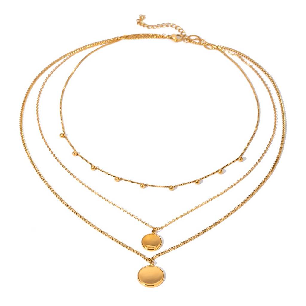 Golden Stainless Steel Layered Necklace For Women | Premium Elegant Multi-Layer Chain With Minimal Disc Pendants | : NW2408011