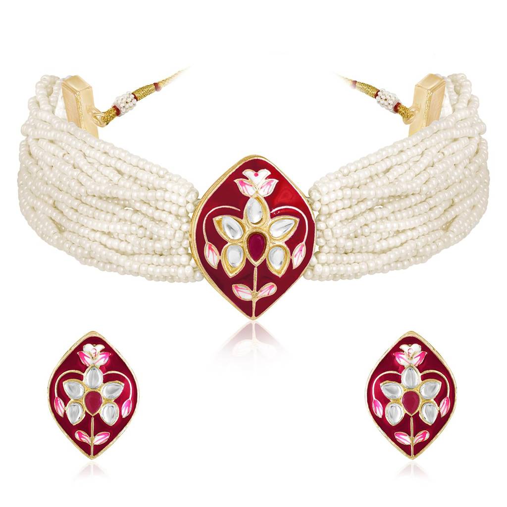 Gold Plated White Synthetic Stone & Beads Studded Meenakari Necklace Stud Earrings Jewellery Set For Women Girls : PF04NK2604RP