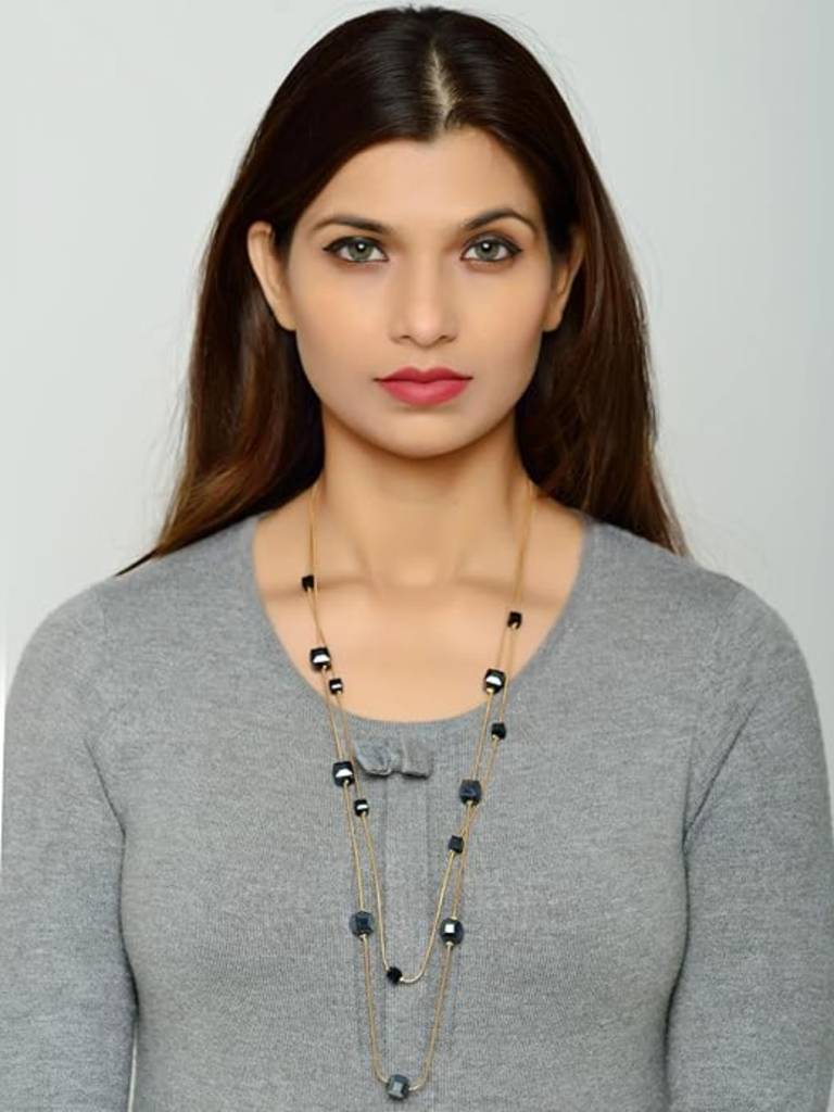 Gold Plated Black Crystal Diamond Layered Long Necklace Chain : AIN1018N108D
