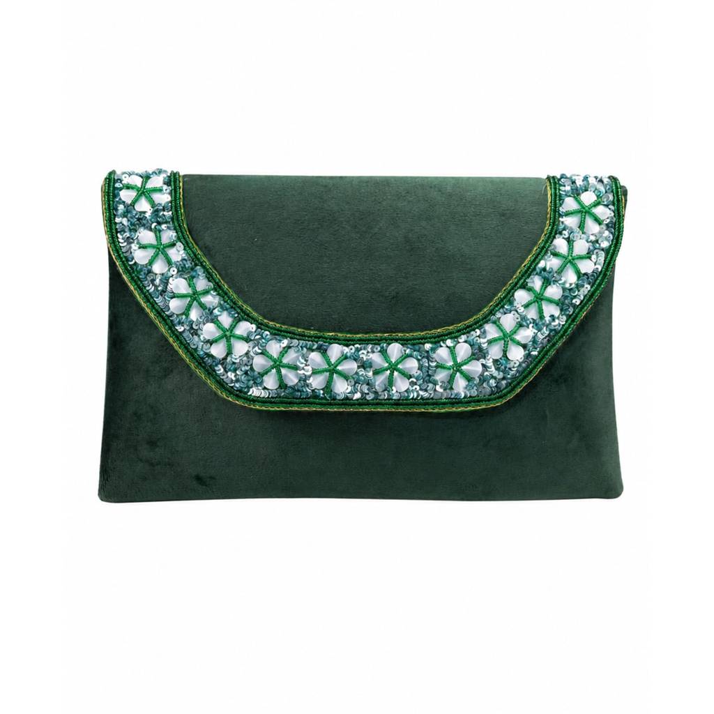 Velvet Sequin Beaded Clutch Bag For Women | Chain Strap | Embellished Wedding Festive Evening Purse : C190DG