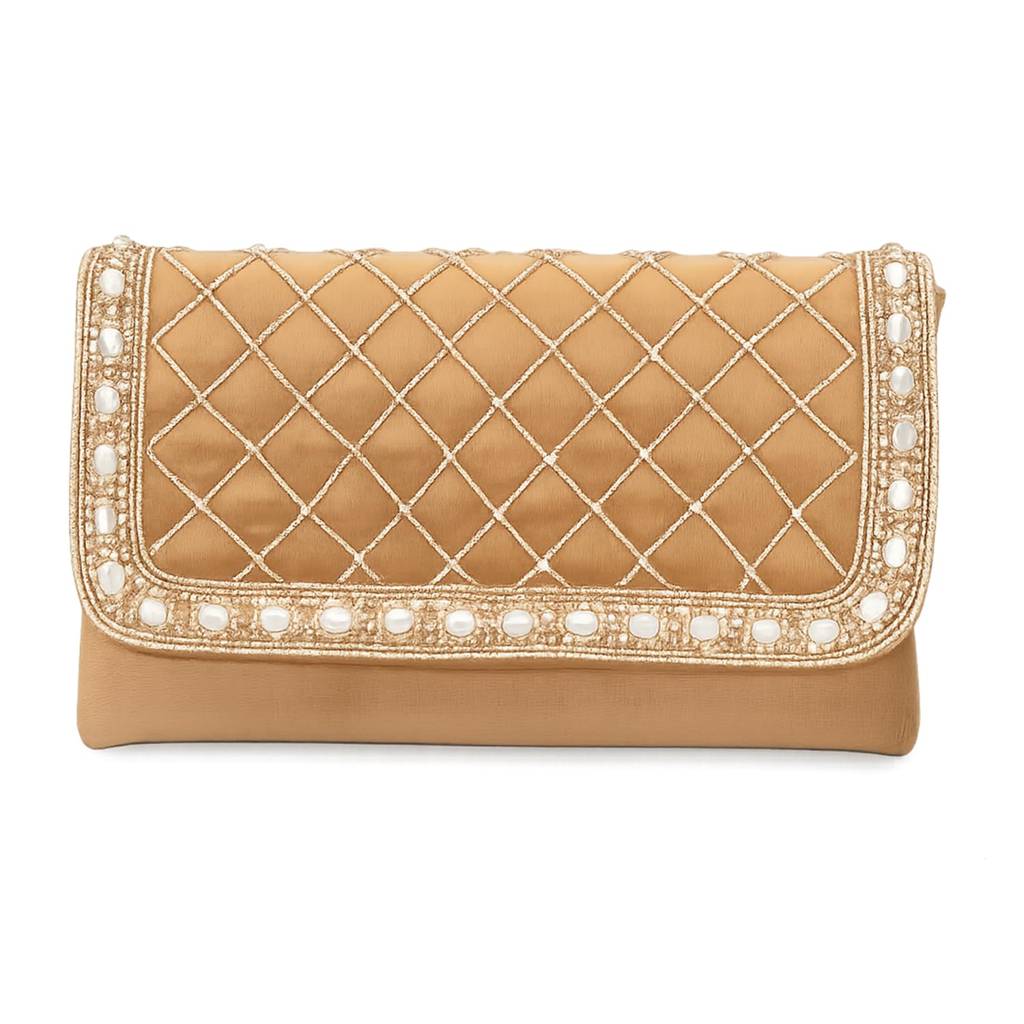 Quilted Pearl Embellished Clutch Bag For Women | Gold Beaded Strap | Wedding Festive Evening Purse : C189BR