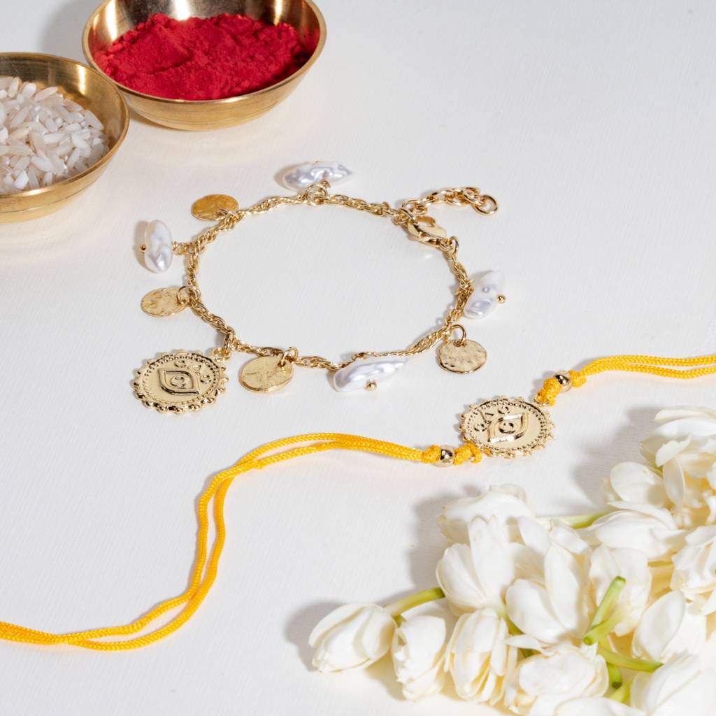 Pearl Evil Eye Gold And Yellow Rakhi Bandhan Lumba Rakhi For Bhaiya And Bhabhi : BS14928-1228-YL-G-WT-BB-SL-OR