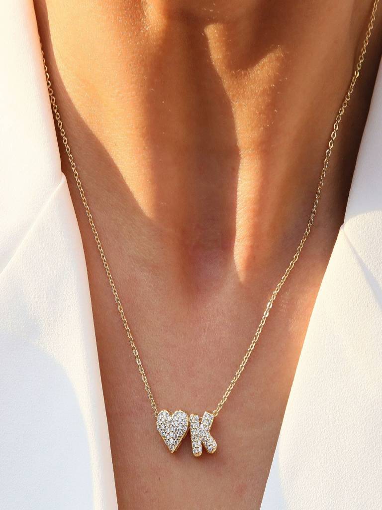 Reversible Initial Letter & Heart With Zircons Gold Plated Antitarnish Pendant : ABY0226P201GK