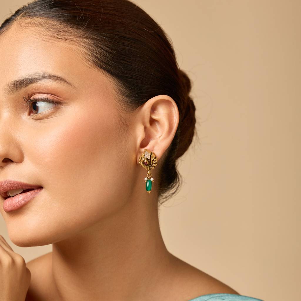 Ruby-Green Gold - Plated Festive Temple Earring - 447985 : 447985