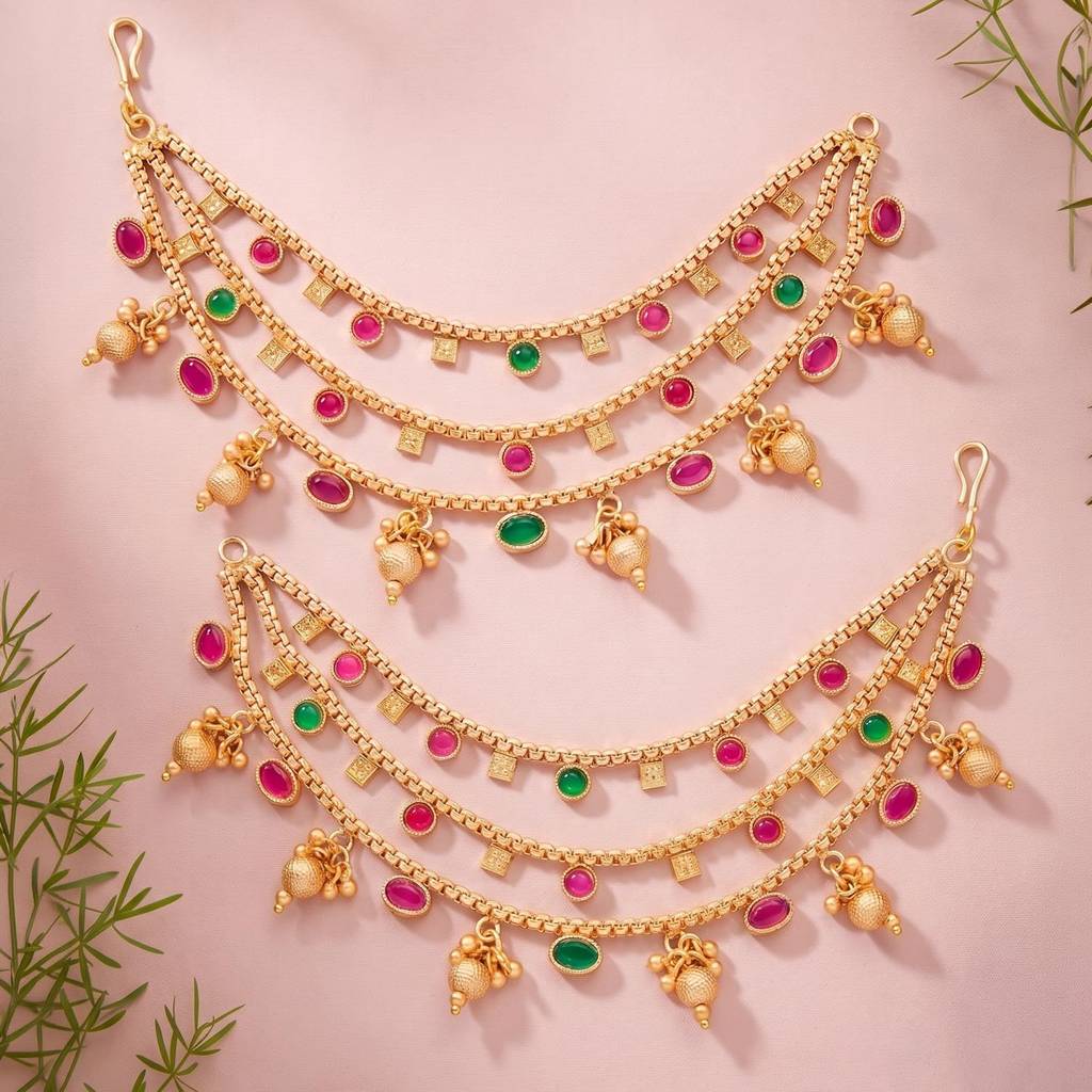 Gold Plated Rani Pink Green 3 Layer Earring Chain Jewellery For Women : PF109EC02RPG