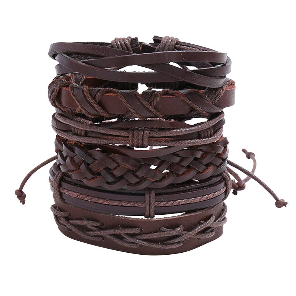 Brown Leather Bracelet Set Of 6 Handcrafted Stylish Design Fashion Jewellery For Men & Boys (Px9Lb33) : PX9LB33