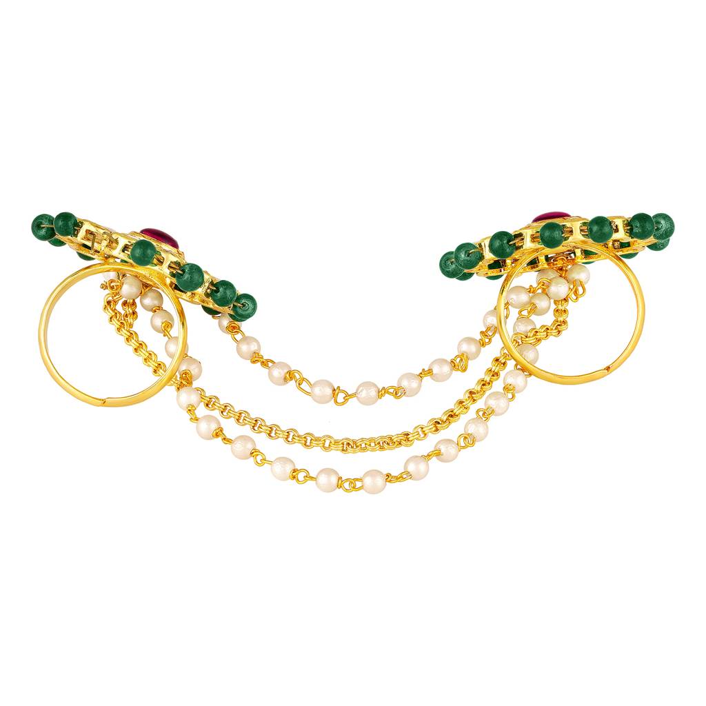 Gold Plated Red Green Kundan & Beads Studded Adjustable Twin Finger Ring Fashion Ethnic Jewellery For Women & Girls : PF104R11RG