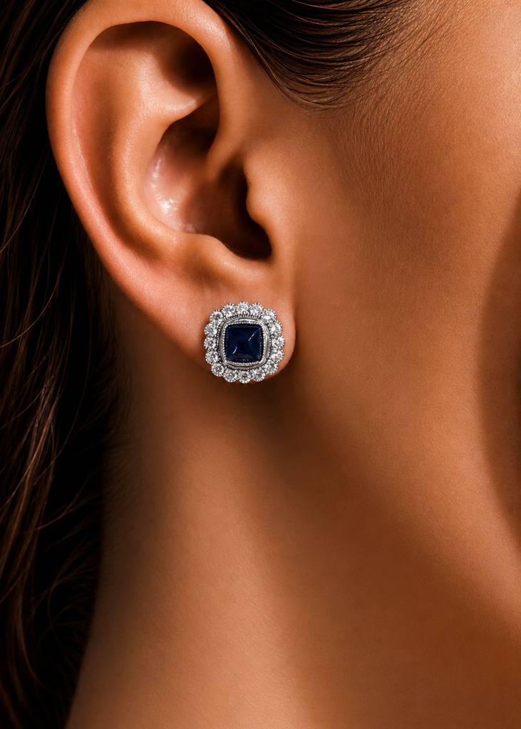 Ultra Premium Blue Sapphire Cabochon Party Stud Earrings With Premium Screw Backs On Pure 925 Silver : TE2333_2