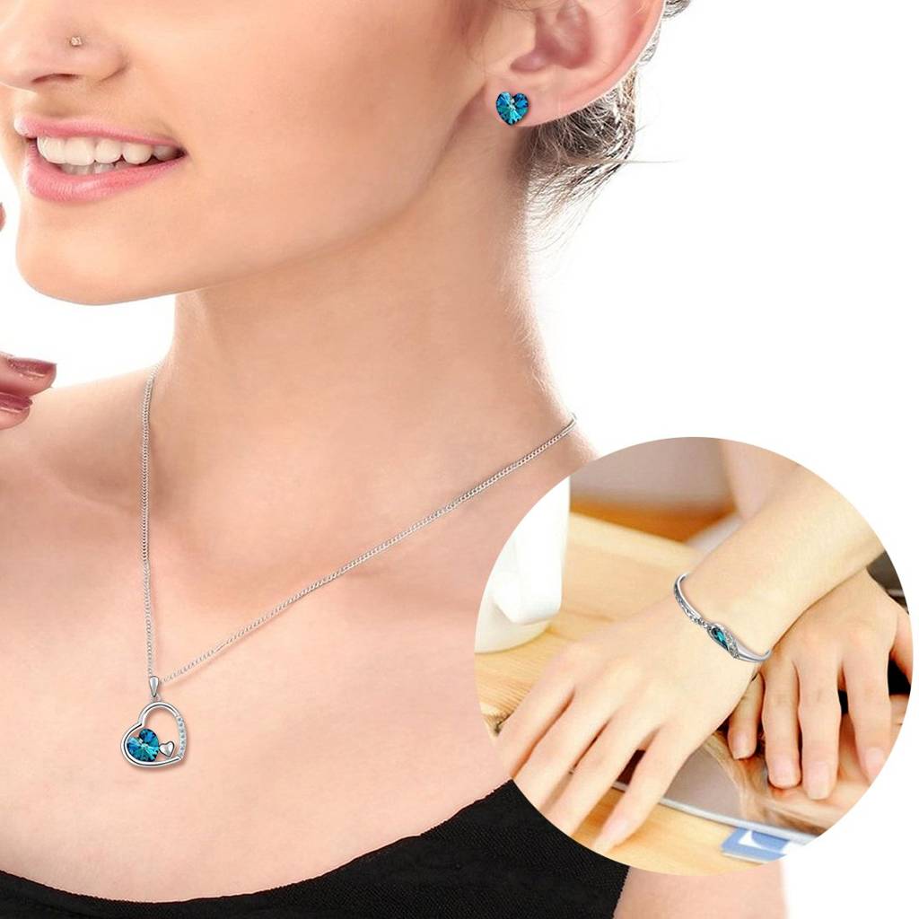 Ocean Blue Heart Shape Austrian Crystal Pendant Set With Elegant Earrings And Bracelet For Girls Women : PFCS6