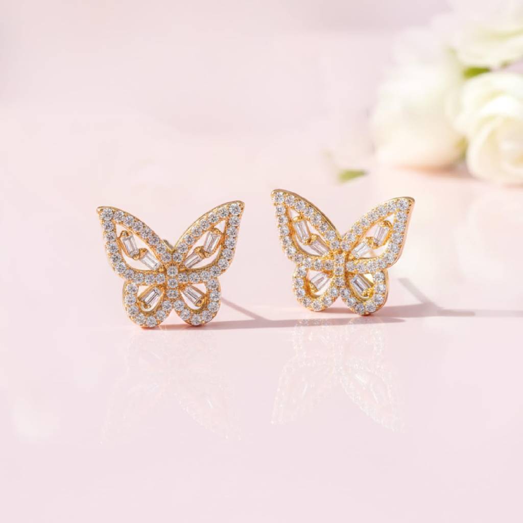 Butterfly Style Cz & Baguette Stone Stud Earrings Jewellery Gift For Women : PF68E337G