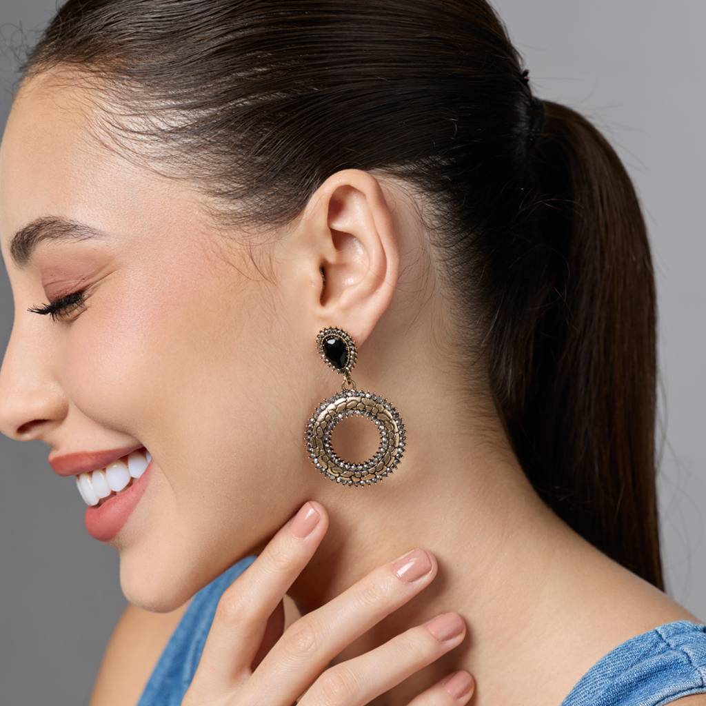Black Oxidised - Plated Casual Wear Trendy Earring - 450552 : 450553