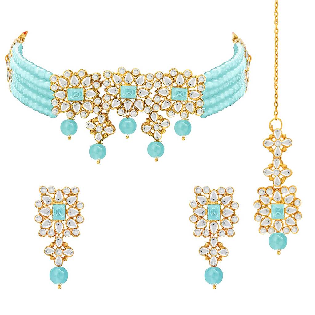 Gold Plated Pearl Beaded Studded Choker Necklace With Earring Maang Tikka Jewellery Set For Women (Sky Blue) : PF37N224SB