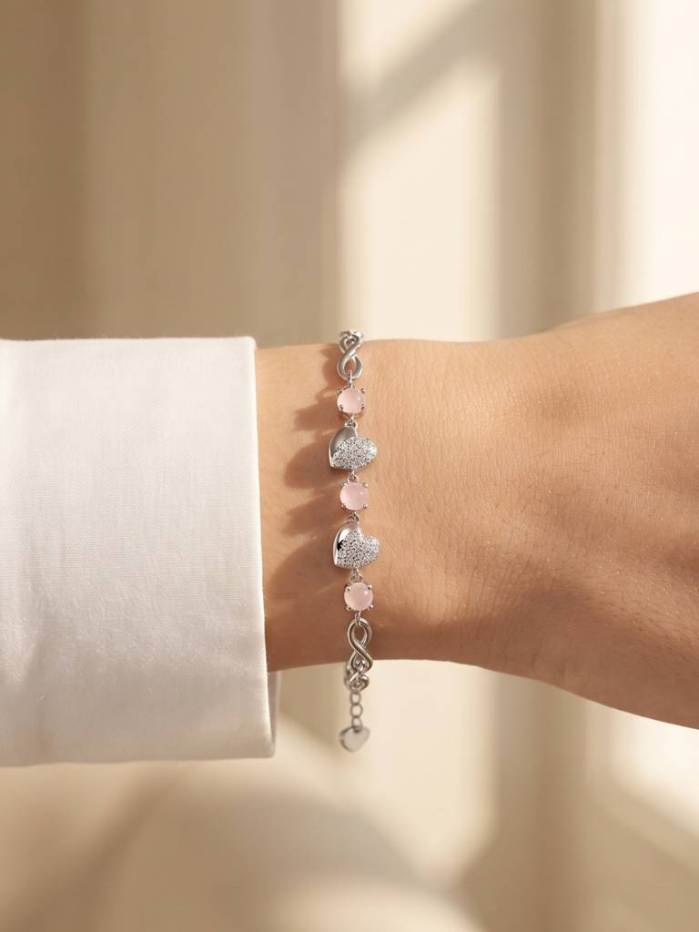 925 Silver Elara Pink Heart Charm Bracelet For Women : BR-77