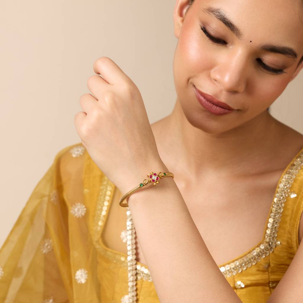 Ruby-Green Gold - Plated Festive Antique Kada - 448574 : 448574