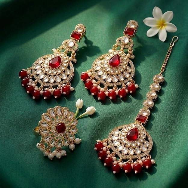 Maroon Kundan Studded Earrings Maangtikka Finger Ring Set For Women : PF26ET02M