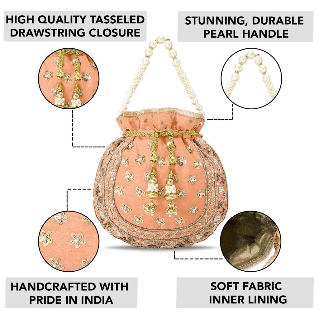 Potli Bags For Women Evening Bag Clutch Ethnic Bride Purse With Drawstring (P54Crm) : P54PCH