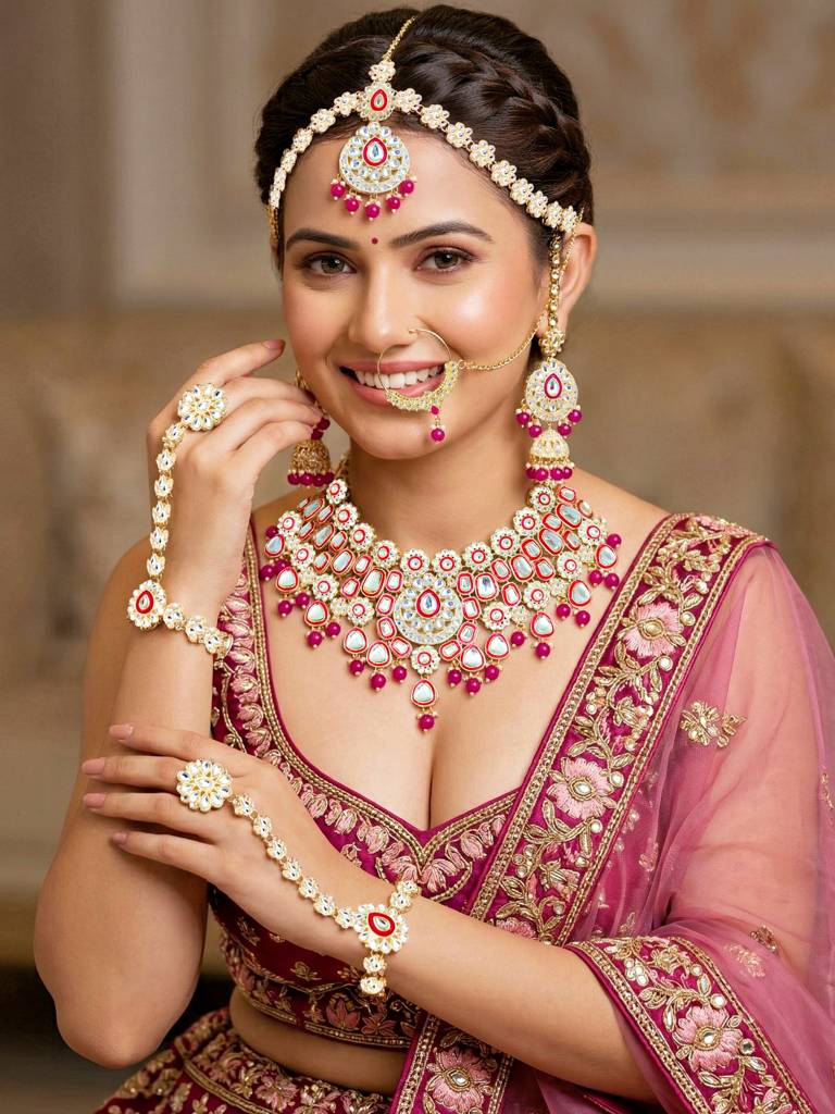 Bridal Kundan Jewellery Set With Hathphool & Nath : 2541-IZK-554-R