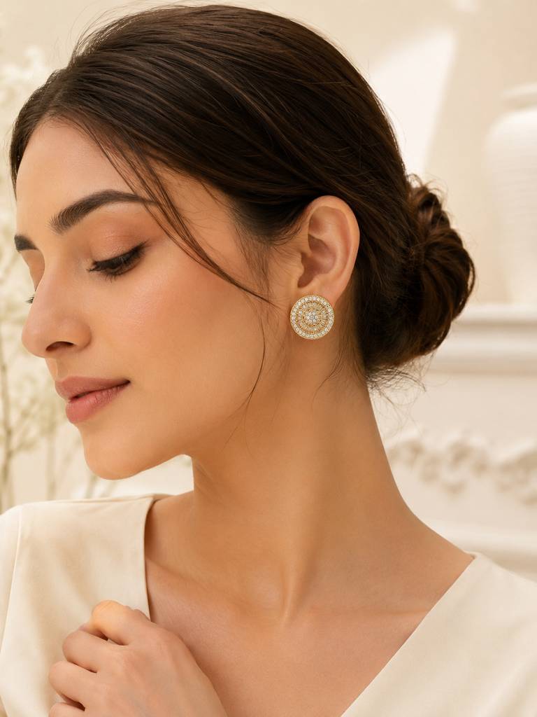 Sunburst Halo Cz Stud Earrings In 18K Gold Plating : AN-VM-GO-0148-DE
