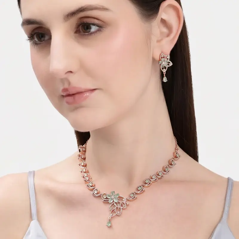 Cz Floral Statement Necklace Set | Grand Festive & Cocktail Jewellery : AD-937-RGMG-NKER