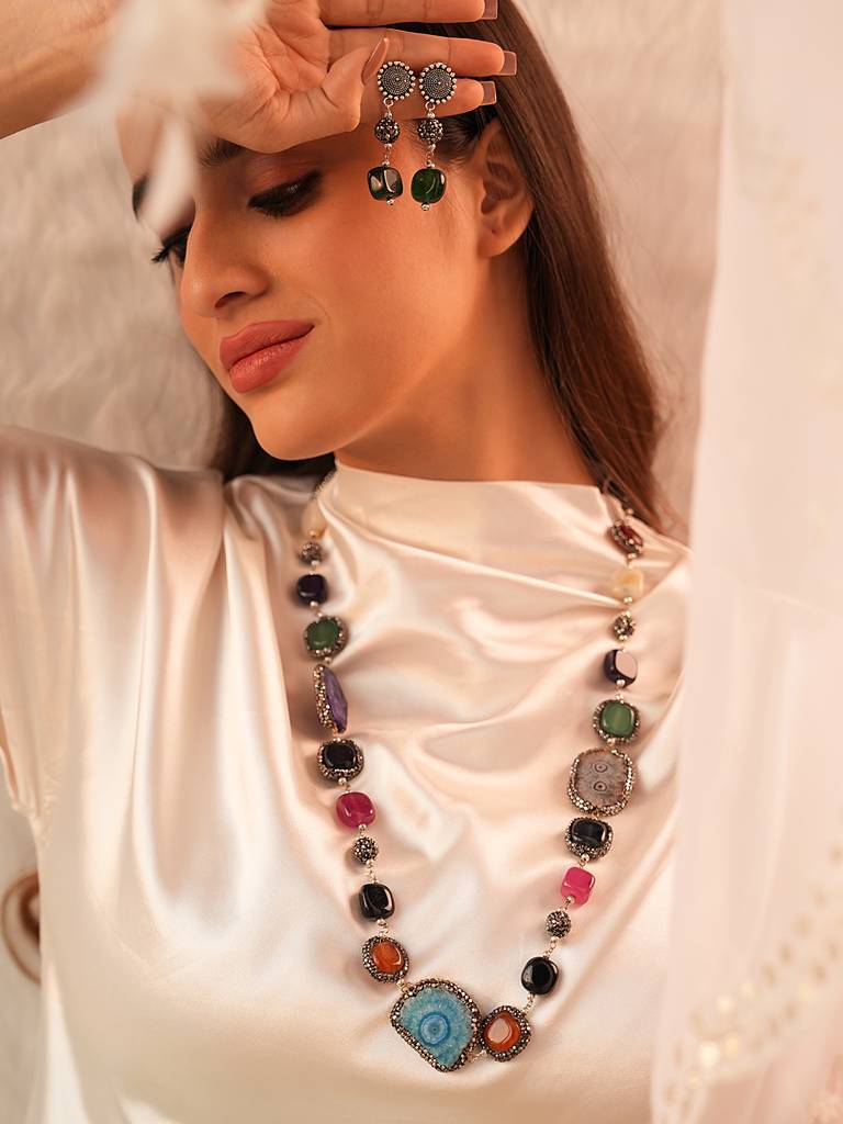 Intricate Semi-Precious Stones Necklace Set : 969NKS24RM