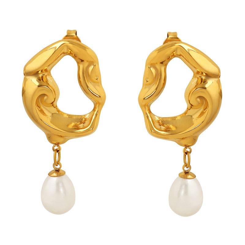 Elara Pearl Sculpt Hoops - Gold | 18K Gold Plated | Waterproof, Hypoallergenic & Anti-Tarnish : DSVDYJ05250128