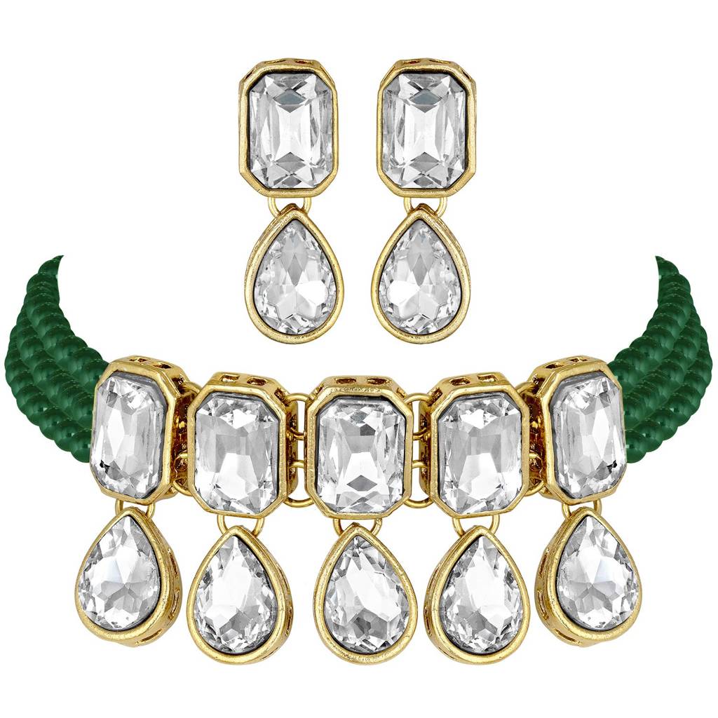 Crystal Pearl Traditional Ethnic Bridal Choker Necklace With Earrings Jewellery Set For Women Girls : PF24N2905G