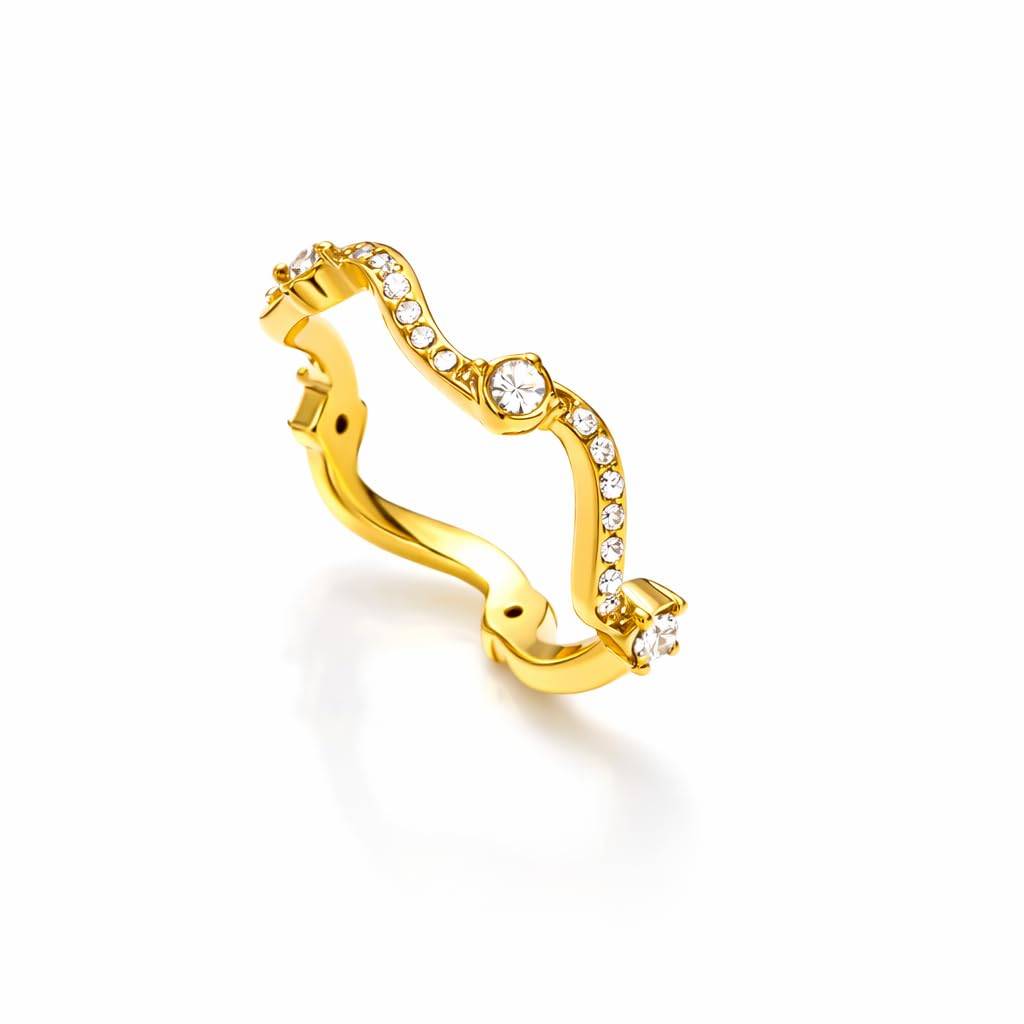 Golden Stainless Steel Ring For Women | 18K Gold Pvd Plated With Cubic Zirconia | Premium Elegant Wavy Design Adj : R0304018-7