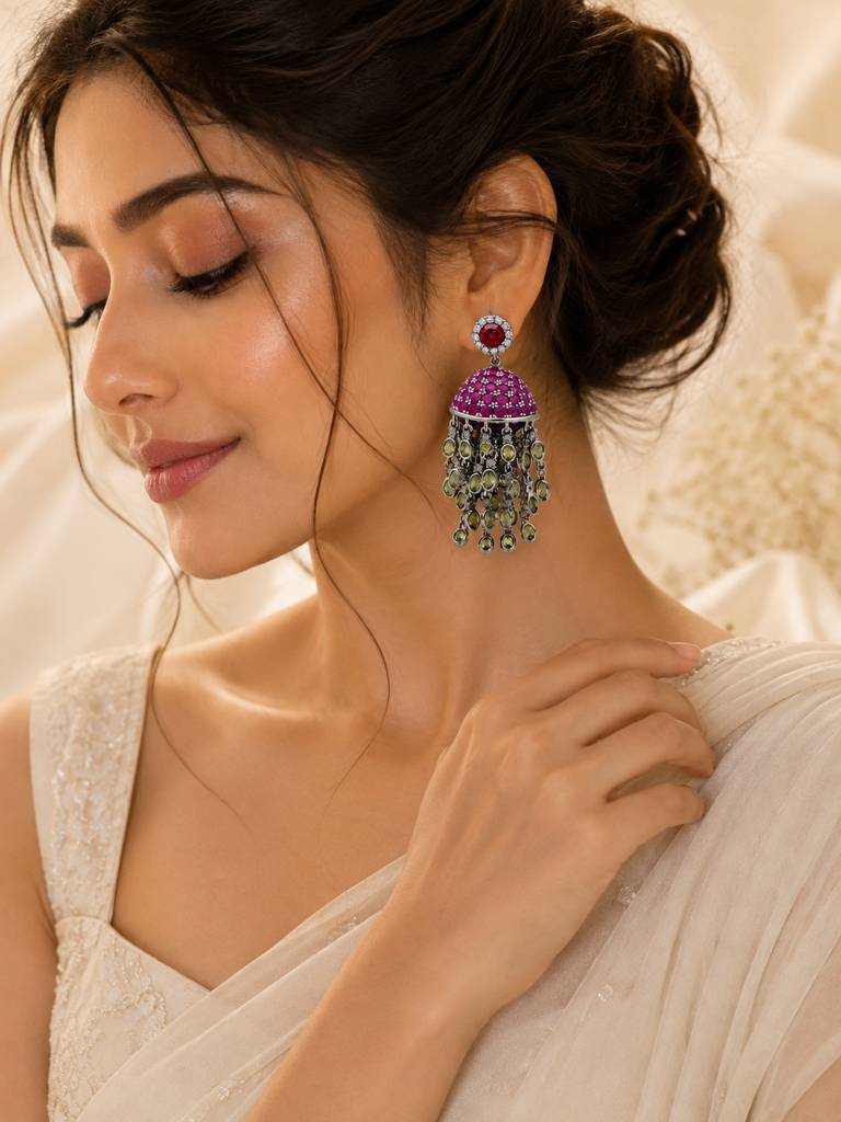 Red Dome Tassel Jhumka-Style Earrings : AN-VM-PI-0123-DE