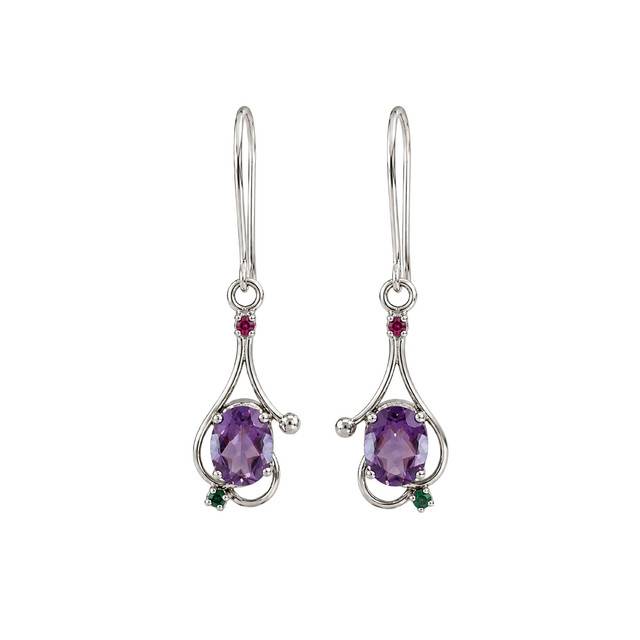 925 Sterling Silver Amethyst & Ruby Gemstone Dangle Earrings For Women : FU-1363