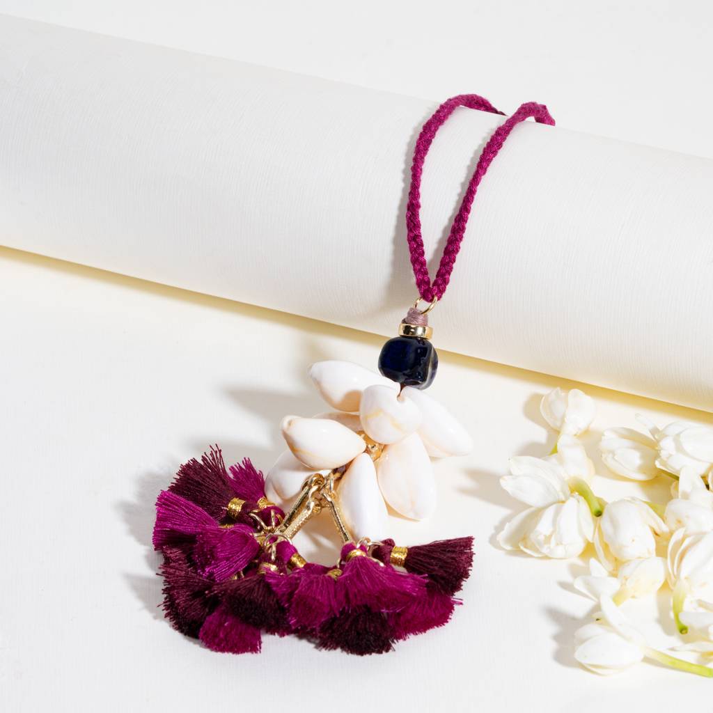 Magenta Tassel And Shell Lumba Bandhan Rakhi For Bhabhi : BS14927-DPK-RD-SLEEVE-PNK