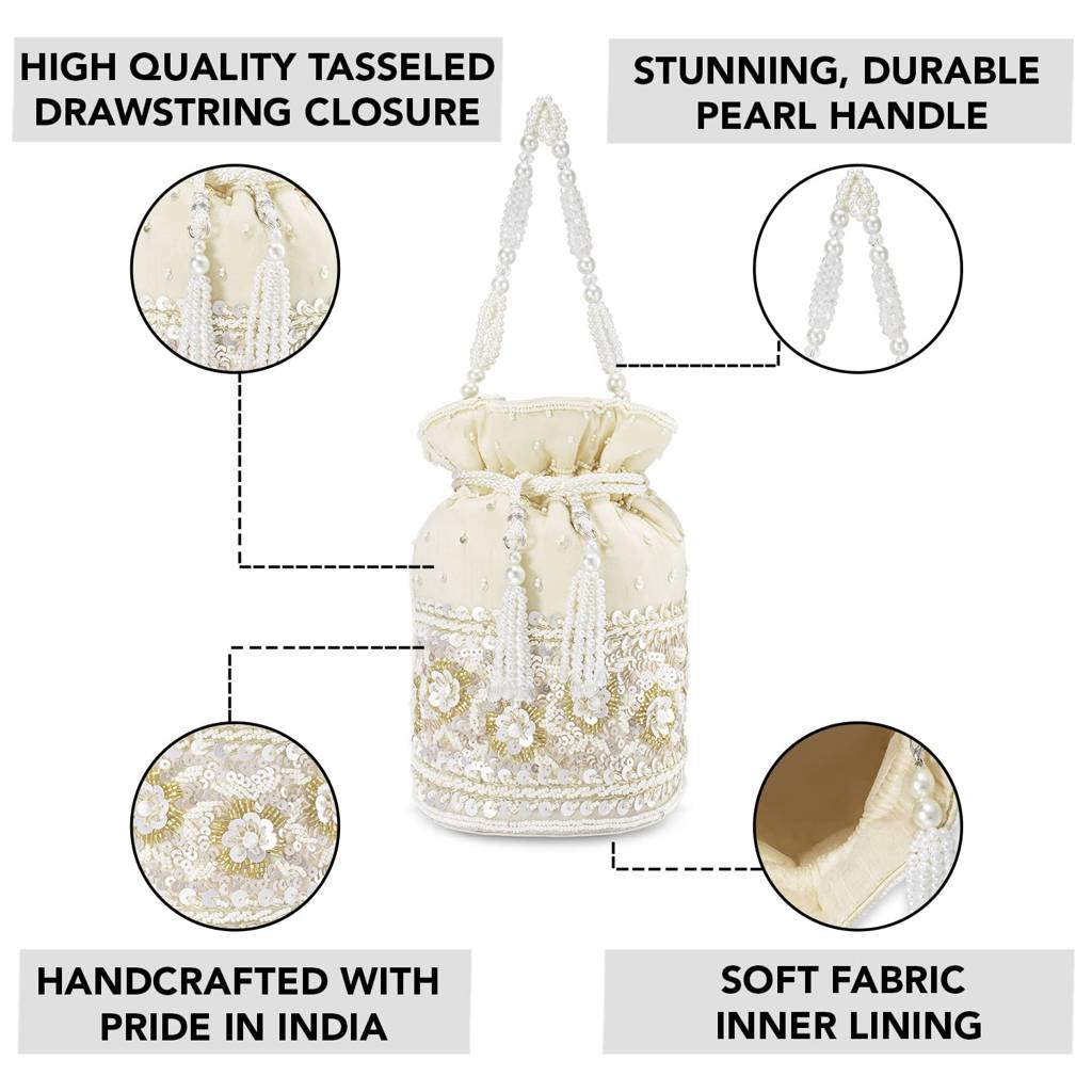 Potli Purses For Women Handmade Evening Handbag Stylish Bridal Fashion Wristlet Bag For Girls (P46Br) : P46W